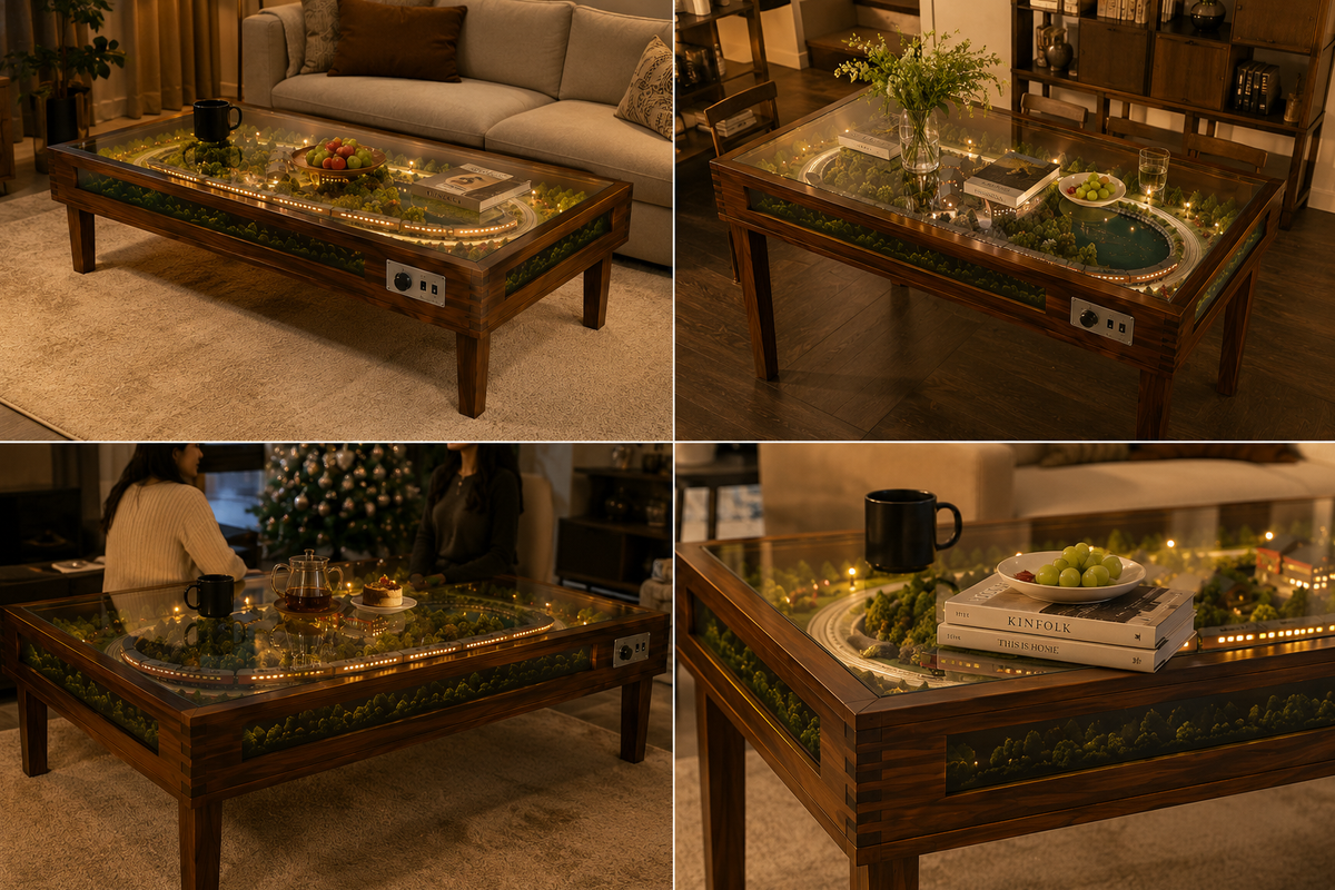 Luxury Glass-Top Miniature Railway Table with Moving Train