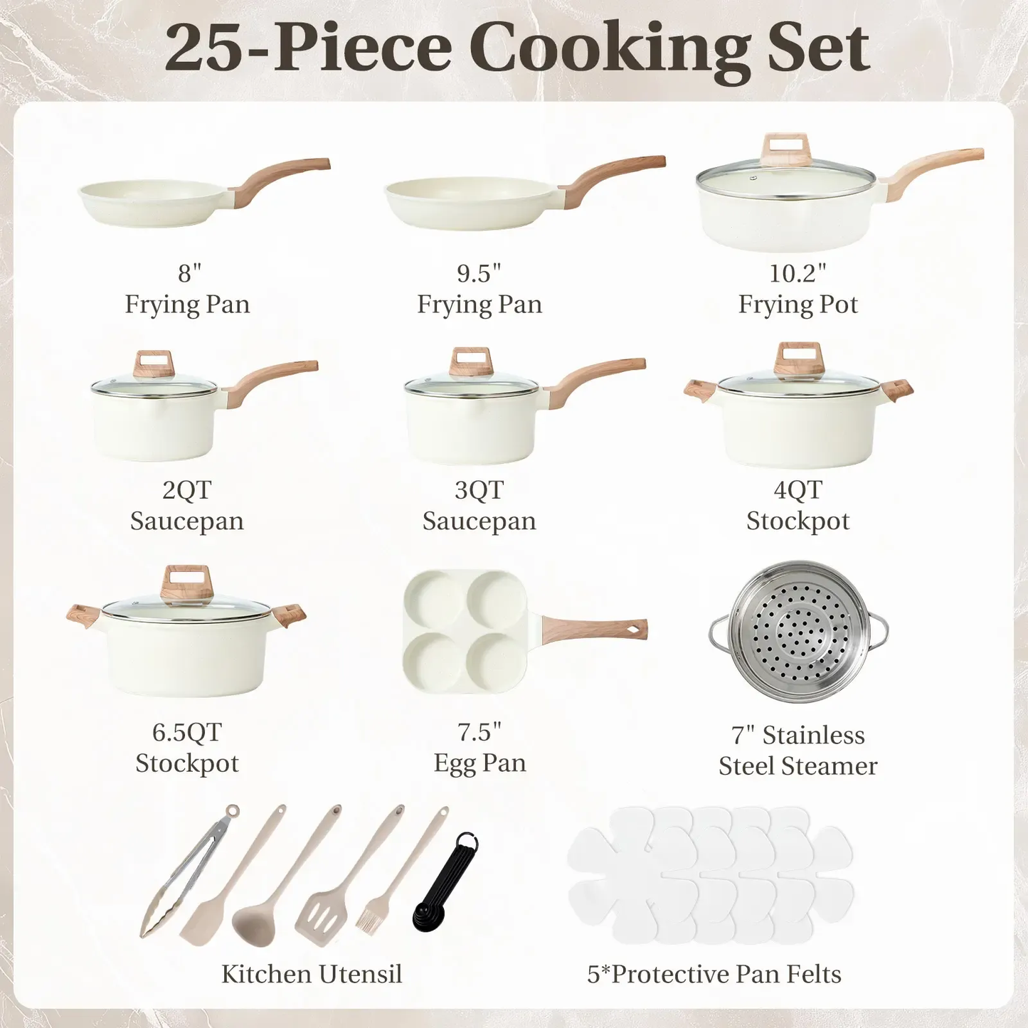 25-Piece Non-Stick Ceramic Granite Cookware Set with Stay-Cool Handles, Induction Compatible Pots and Pans Set for Healthy Cooking