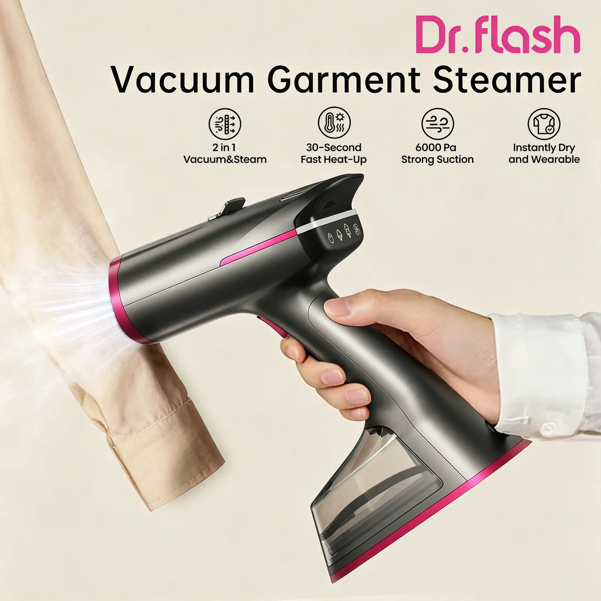 Dr.Flash Vacuum Garment Steamer 2-in-1 with 270ml Capacity