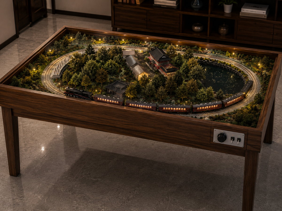 Luxury Glass-Top Miniature Railway Table with Moving Train