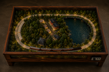 Luxury Glass-Top Miniature Railway Table with Moving Train