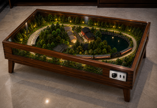 Luxury Glass-Top Miniature Railway Table with Moving Train