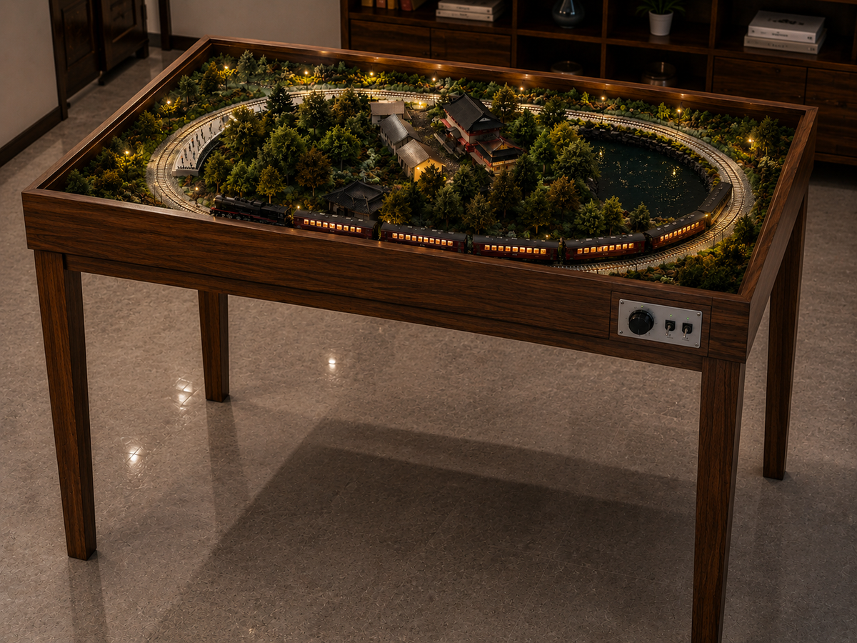 Luxury Glass-Top Miniature Railway Table with Moving Train